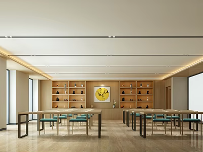 Spacious School Study Space With Wooden Bookshelves Tables Chairs And Wall Clock 3d model