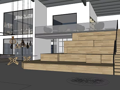 Modern Open Interior Space With Wooden Steps Glass Railing And Pendant Lights 3d model