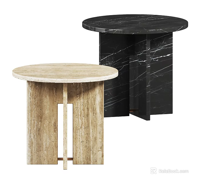 Modern Side Tables With Round Wooden And Black Marble Tops For Stylish Living Room Decor 3d model 