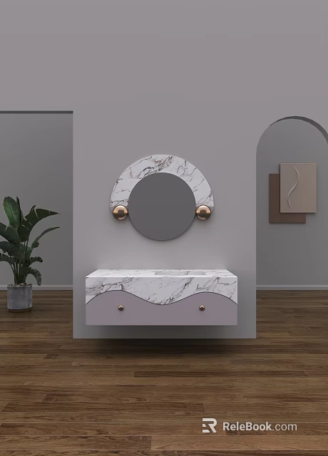 Modern Bathroom Vanity With Marble Countertop Pink Cabinet Gold Knobs Round Mirror Light Gray Wall 3d model 