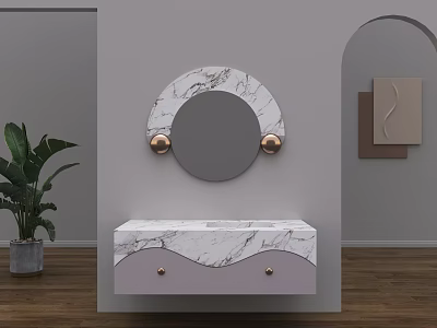 Modern Bathroom Vanity With Marble Countertop Pink Cabinet Gold Knobs Round Mirror Light Gray Wall 3d model
