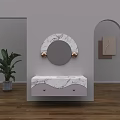 Modern Bathroom Vanity With Marble Countertop Pink Cabinet Gold Knobs Round Mirror Light Gray Wall