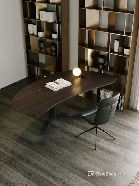 Dark Brown Wooden Desk with Round Lamp Open Notebook and Black Office Chair by Bookshelves 3d model 