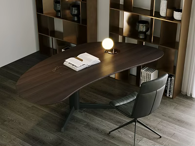 Dark Brown Wooden Desk with Round Lamp Open Notebook and Black Office Chair by Bookshelves 3d model