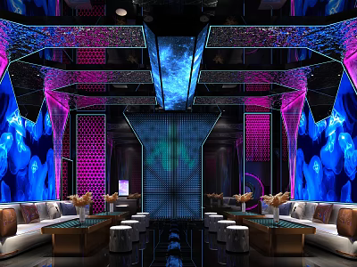 Modern KTV Interior Design With Neon Lights And Comfortable Sofa Seats 3d model