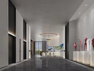 Contemporary Luxury Hotel Corridor Interior With Polished Marble Floor And Elegant Art Sculpture Decorations 3d model
