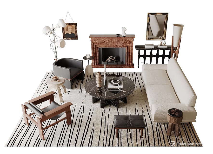 Stylish Sofa Coffee Table Set In Modern Living Room With Striped Rug And Fireplace 3d model 