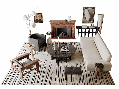 Stylish Sofa Coffee Table Set In Modern Living Room With Striped Rug And Fireplace 3d model