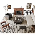 Stylish Sofa Coffee Table Set In Modern Living Room With Striped Rug And Fireplace
