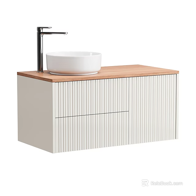Modern Bathroom Washstand With Wooden Countertop White Cabinet Vertical Stripes And Round Basin 3d model 