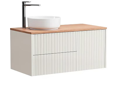 Modern Bathroom Washstand With Wooden Countertop White Cabinet Vertical Stripes And Round Basin 3d model