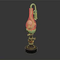 Copper Candle Lamp With Green Lotus Design And Turquoise Tassel On Black Base