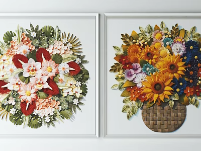Two Framed Decorative Botanical Paintings with Flowers Green Leaves and Basket Design 3d model