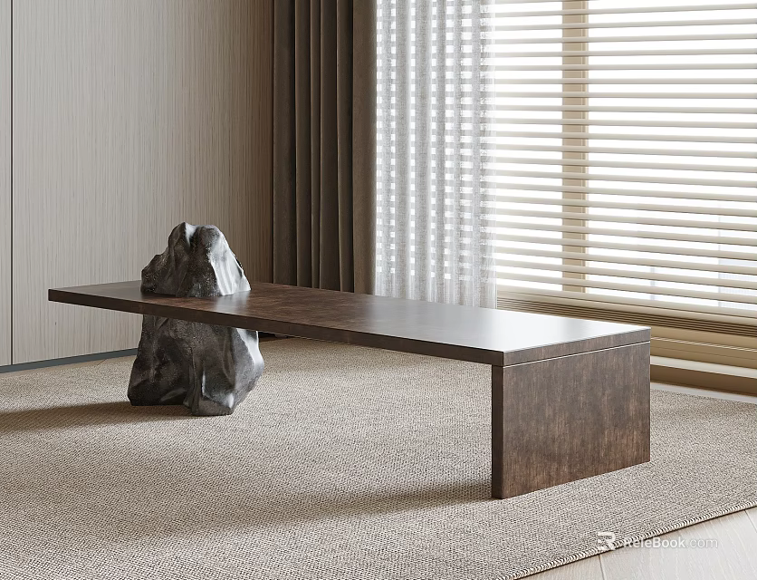 Stylish Wooden Bench In Modern Interior With Decorative Stone Window Blinds And Area Rug 3d model 