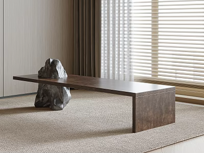 Stylish Wooden Bench In Modern Interior With Decorative Stone Window Blinds And Area Rug 3d model