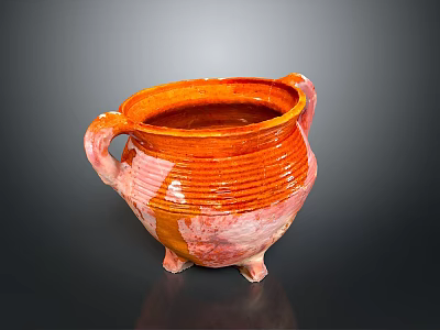 Orange Striped Two Handled Three Legged Ceramic Pot as Decorative Household Item 3d model