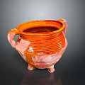 Orange Striped Two Handled Three Legged Ceramic Pot as Decorative Household Item 3d model