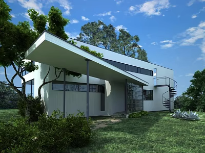 Modern Detached Villa Featuring Unique Roof Design Green Lawn And Spiral Staircase 3d model