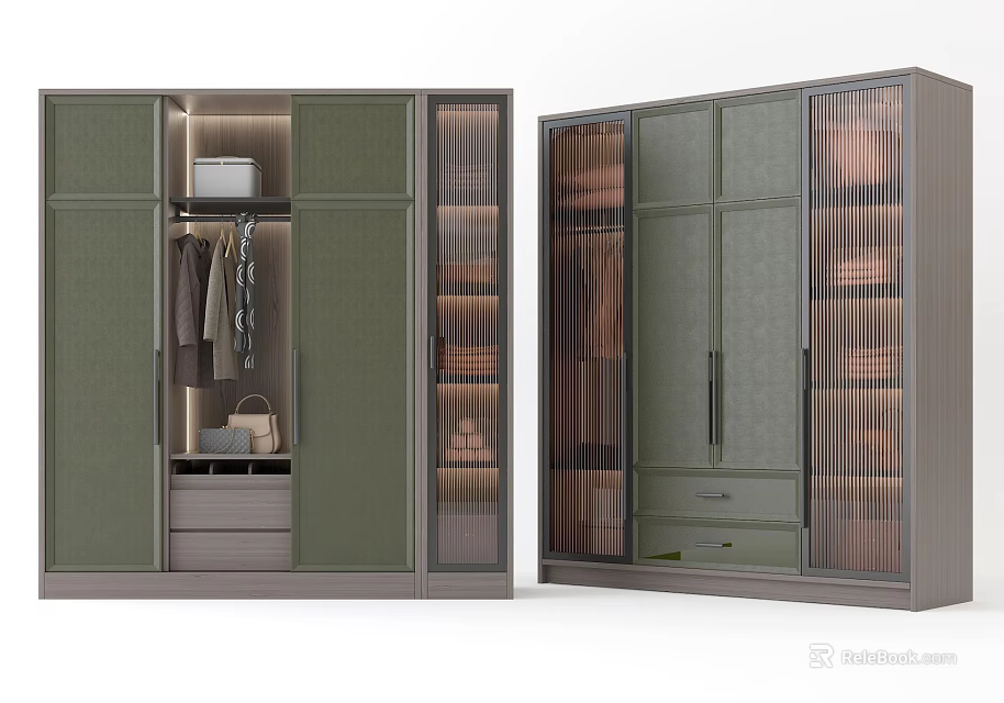 Modern Green And Grey Wardrobe With Glass Doors Hanging Rails And Storage Drawers 3d model 
