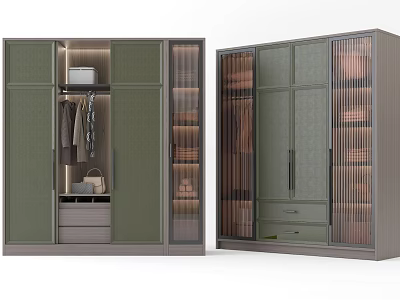 Modern Green And Grey Wardrobe With Glass Doors Hanging Rails And Storage Drawers 3d model