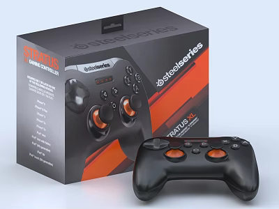SteelSeries Stratus XL Wireless Game Controller Black With Orange Buttons And Package 3d model