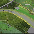 Scenic Garden Landscape With Green Agricultural Fields Winding River Bridge And Lush Vegetation