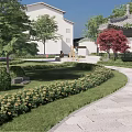 Traditional Pavilion Park Landscape With Winding Path Green Lawn Red Trees People Walking Birds Flying