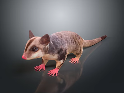 Small Opossum Gray Brown Fur Pink Nose Ears Paws Standing On Gray Background 3d model