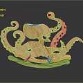 Wooden Octopus Shaped Rocking Chair With Curved Tentacles And Red Accents