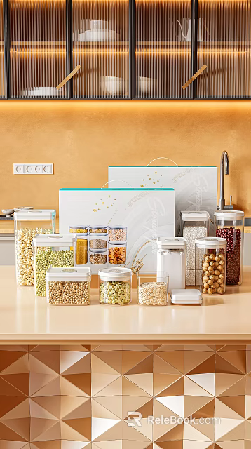 Ceramic Storage Jars for Kitchen Counter with Various Grains Beans and Nuts 3d model 