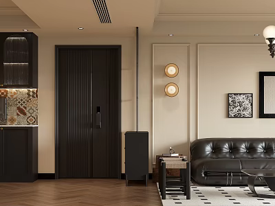Modern Living Dining Room Interior With Black Leather Sofa Round Wall Lights And Herringbone Flooring 3d model