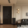 Modern Living Dining Room Interior With Black Leather Sofa Round Wall Lights And Herringbone Flooring