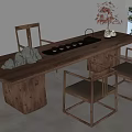 Solid Wood Tea Table And Chairs With Tea Set In Bright Room With Natural Light 3d model