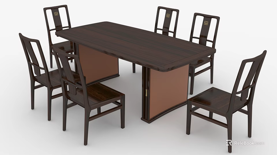 Dark Wooden Rectangular Dining Table Set With Six Matching Chairs For Home Use 3d model