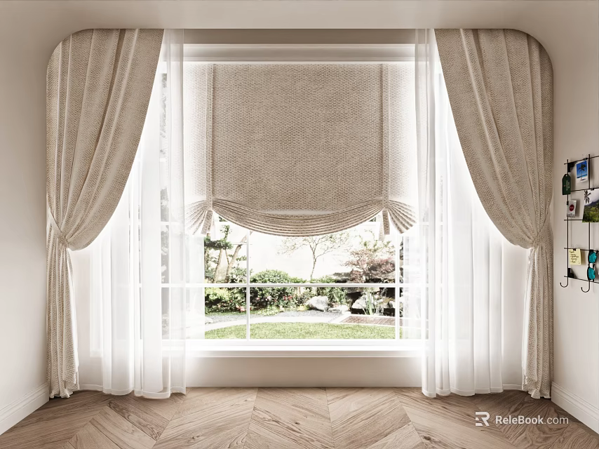 Modern Beige Curtains In Living Room Window With Sheer Drapes And Green Outdoor Plants 3d model 