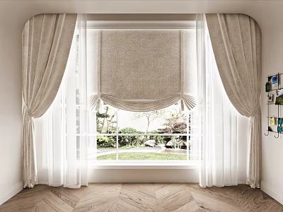 Modern Beige Curtains In Living Room Window With Sheer Drapes And Green Outdoor Plants 3d model
