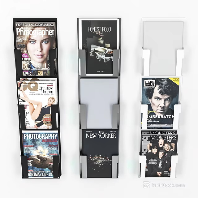 Sturdy White Multi Layer Magazine Display Shelves Displaying Various Magazines 3d model 