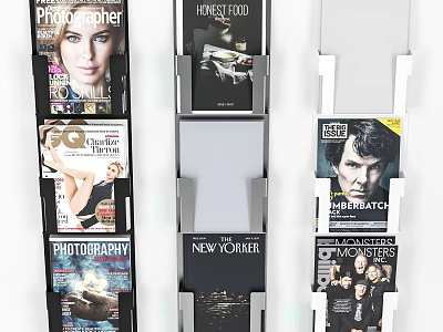 Sturdy White Multi Layer Magazine Display Shelves Displaying Various Magazines 3d model