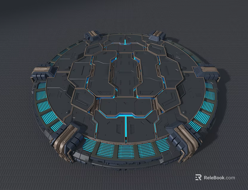 Futuristic Circular Tech Platform With Blue Glowing Lines And Metallic Structure 3d model 