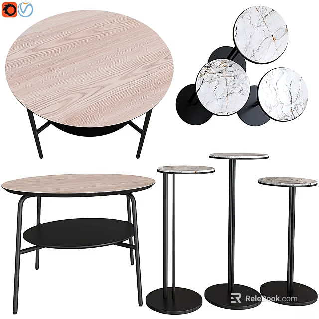 Round Wooden Dining Table With Black Metal Frame And Marble Accent Side Tables 3d model 