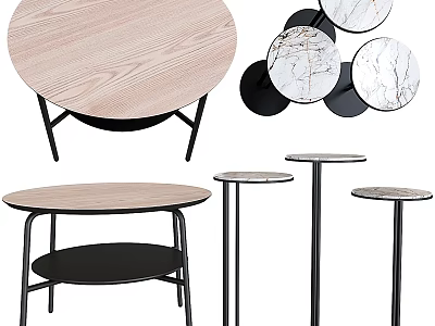 Round Wooden Dining Table With Black Metal Frame And Marble Accent Side Tables 3d model