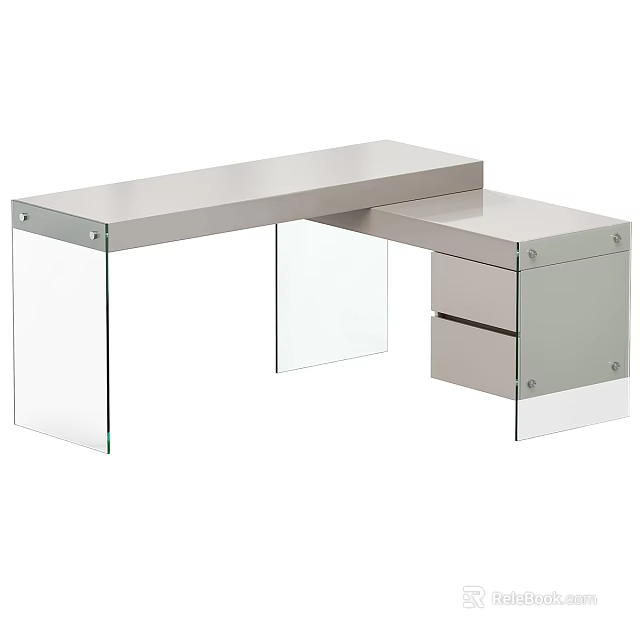 Modern Desk With Metal Top Clear Glass Legs Stainless Steel Frame And Drawer Storage 3d model 