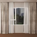 Beige Curtains With Sheer Layer By Window Showing Tall Buildings And Green Trees