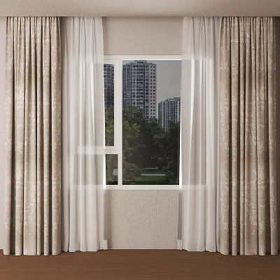 Beige Curtains With Sheer Layer By Window Showing Tall Buildings And Green Trees 3d model