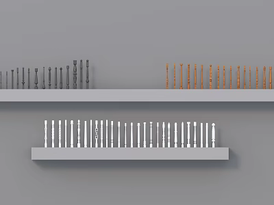 Different Types of Railings in Black Brown and White Arranged on Display Shelves 3d model