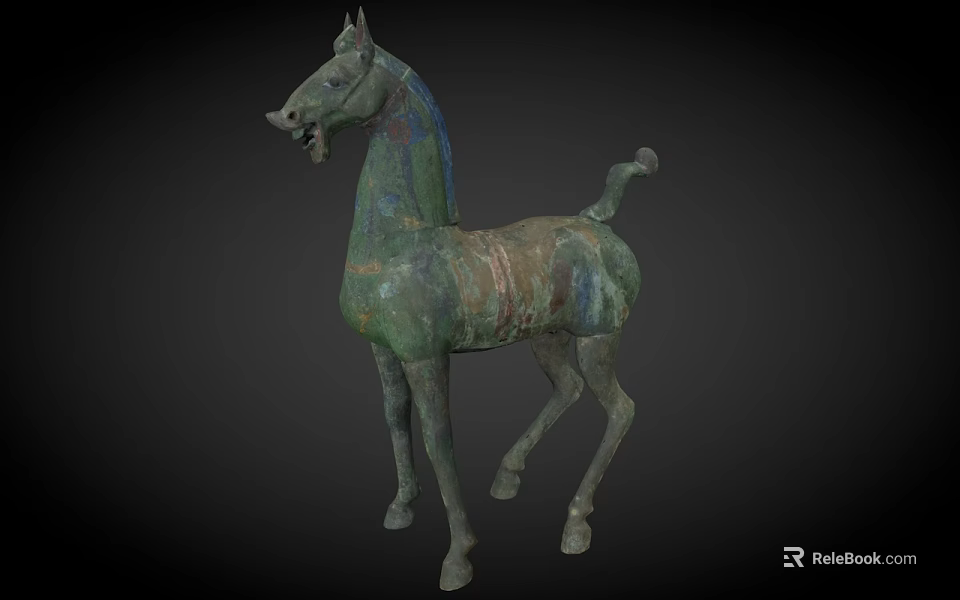 Ancient Bronze Horse Sculpture with Greenish Blue Patina and Red Accents in Standing Posture 3d model 
