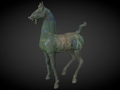 Ancient Bronze Horse Sculpture with Greenish Blue Patina and Red Accents in Standing Posture 3d model