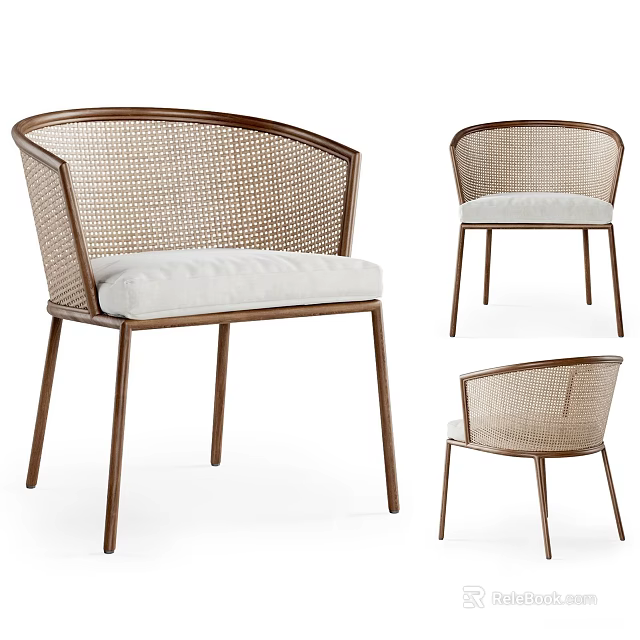 Multiple Views Woven Rattan Leisure Chair With Curved Back Brown Metal Frame Padded Seat 3d model 
