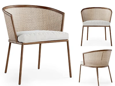 Multiple Views Woven Rattan Leisure Chair With Curved Back Brown Metal Frame Padded Seat 3d model