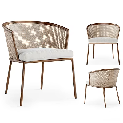 Multiple Views Woven Rattan Leisure Chair With Curved Back Brown Metal Frame Padded Seat 3d model